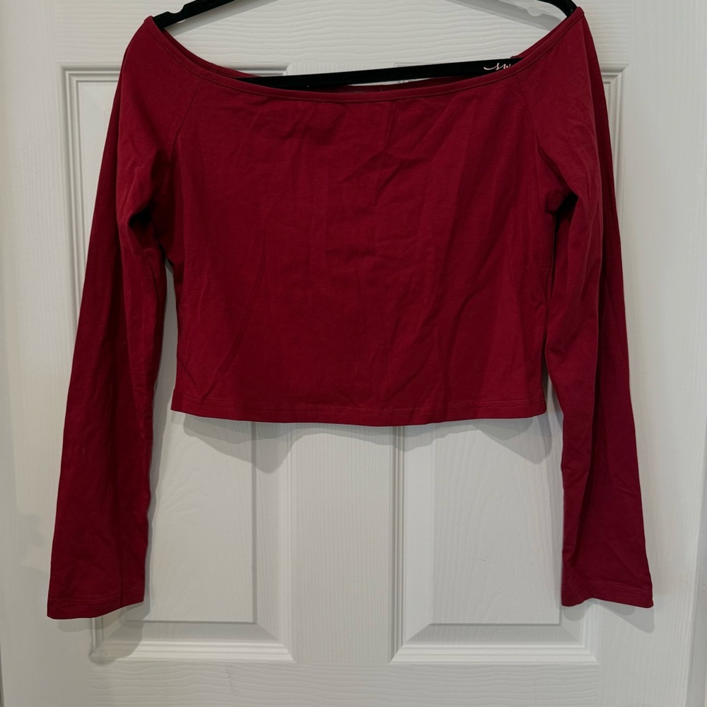 Dark Red Long Sleeve Off The Shoulder Crop Top
